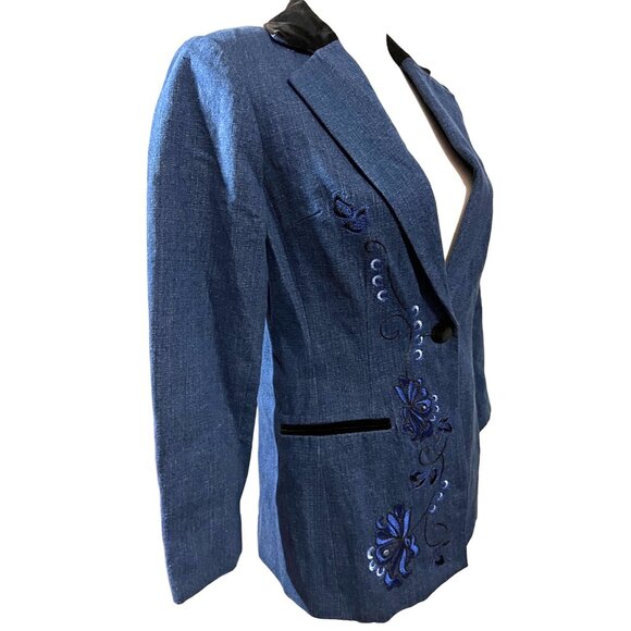 Coldwater Creek Vintage Velvet Embroidered Denim Blazer Sz 4 Petite Blue Black - Picture 13 of 14